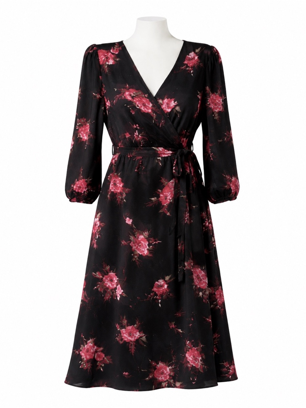 Size M Elaine Rose Women’s Black Pink Floral Faux Wrap Midi Dress